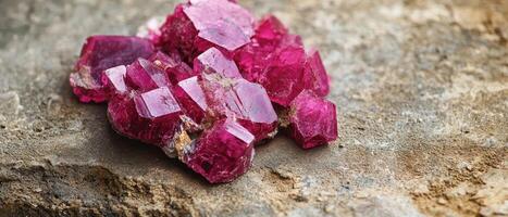 Sparkling pink crystals on rough stone surface photo
