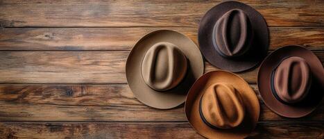 Three hats on a wooden table photo