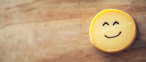 Smiling cheese on wooden table captures joy photo