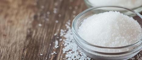 Fine sugar in glass bowls on rustic wooden surface photo