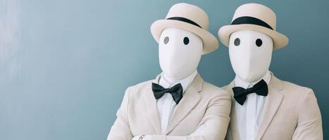 Figures in suits pose by blue wall photo