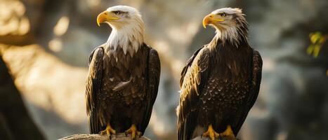 Bald eagles perched on rocks in natural habitat photo
