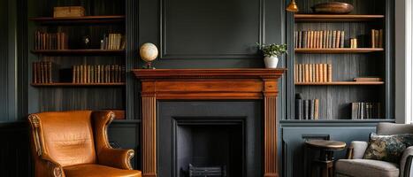 Cozy reading nook with classic decor and bookshelf photo