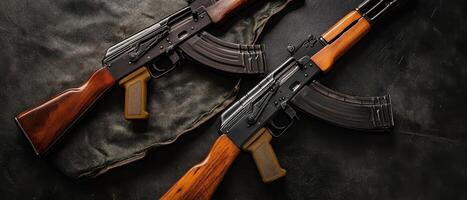 Rifles on dark surface with fabric backdrop photo