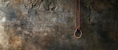 Rusty ring hanging on a textured wall surface photo
