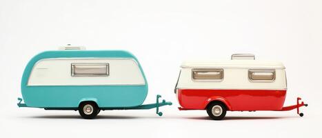 Vintage toy campers in blue and red on display photo