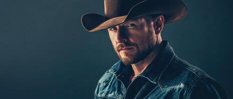 Cowboy poses confidently against dark background photo