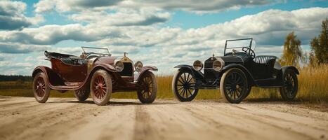 Classic cars on a dirt road under cloudy skies photo