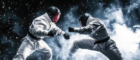 Intense sparring match in a dramatic setting photo