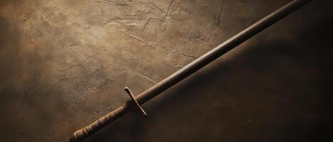 Medieval sword resting on a textured surface photo