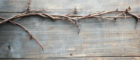 Dry twigs resting on a weathered wooden surface photo