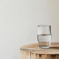 Clear glass of water on wooden table surface photo