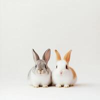 Two adorable rabbits sit on a plain background photo