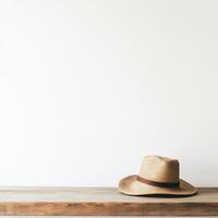Straw hat resting on a wooden table photo