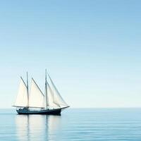 Sailboat gliding across calm ocean waters at dusk photo