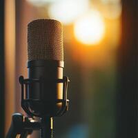 Close up of microphone with sunset background photo