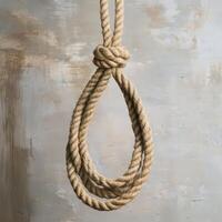 Rope tied in a noose hangs against a textured wall photo