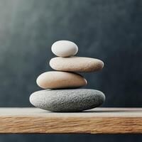 Calming stone stack on wood surface photo