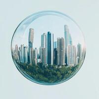 Skyline reflected in a bubble above trees photo