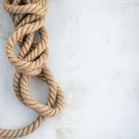 Twisted natural rope resting on a light background photo