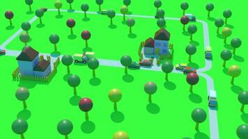 A 3d animated scene of a town with trees and houses video