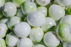 A close-up of fresh onions in a woven basket under hard natural light. The intense shadows and highlights emphasize the rough texture and organic layers, ideal for food styling and culinary content photo