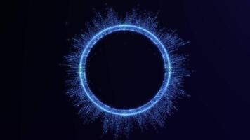 Blue glowing circle with dynamic particle react effect in seamless loop. Futuristic abstract 4K animation for VJ visuals, sci-fi intros, digital data, energy or cyber technology background. video