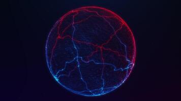 Glowing neon sphere with blue and red electric lines in motion. Sci-fi digital orb effect on dark background. Perfect seamless 4K 60FPS loop for futuristic VJ and tech design. video
