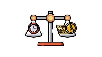 Clock and a stack of coin on the scale animation isolated alpha channel, icon looping animation , suitable for business, web etc video