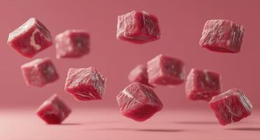 Raw beef cubes flying in air isolated on pink background photo