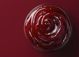 Red berry jam in glass bowl, top view, red background, copy space photo