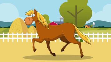 Happy Cartoon Horse Trotting On Country Farm With Fence And Fields video