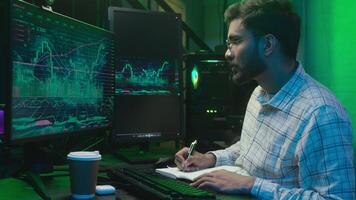 Indian Arabian man looking monitor computer chart graph trading online typing pc writing notes notebook analyst programmer male businessman business ethnic guy in neon office freelancer working crypto video