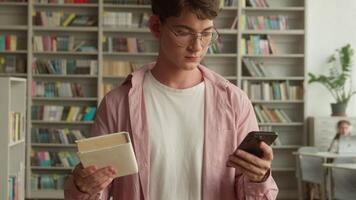 Male student man guy teenager in library choosing between book and smartphone dropping copybook away choose using mobile phone for chatting modern technology addiction generation education problem video