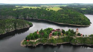 Aerial view - fly over castle Zvikov and Vltava and Otava rivers confluence in May 2025 in Czechia video