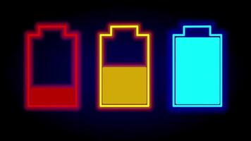 Three battery icons in red, yellow, and blue represent various energy charge states in a minimal glowing neon style display layout video