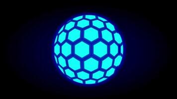 A rotating spherical ball composed of illuminated hexagonal panels, mimicking a futuristic energy orb or high-tech sports device video