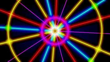 A vibrant circular motion of neon rays spinning from a central point, evoking a sci-fi or retro-futuristic visual energy blast video