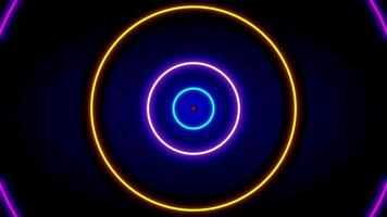 Concentric glowing neon circles slowly pulse inward and outward, creating a hypnotic tunnel-like vortex visual for intros or transitions video