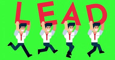 Animated Businessmen Running with Red Letters Spelling Lead on Green Screen Background video