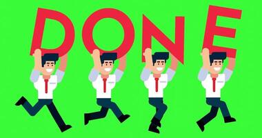 Businessman running with done text on green screen background symbolizing task completion success and editable business animation video