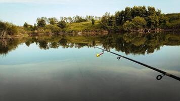 a small lake with trees in the background. photo