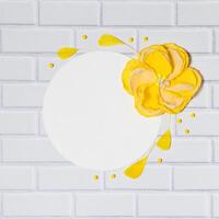 White Square Background With Handmade Gentle Yellow Flower and Feathers, Lying Flat on the White Brick Wall, Top View. Have an Empty Circle Place For Your Text. photo