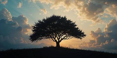 A tree stands on a hill with the sun setting behind it photo