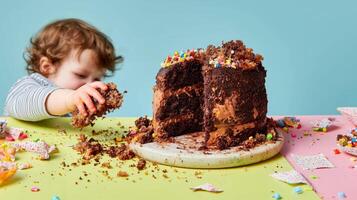 A toddler reaching for a piece of chocolate cake photo