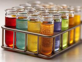 A metal tray filled with test tubes of different colors photo