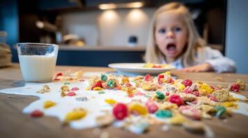 A young girl eating cereal with milk photo