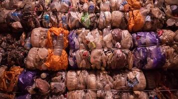 A pile of plastic bags stacked up in a room photo