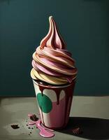 a painting of an ice cream cup with chocolate and pink icing photo