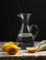 a pitcher of water and lemons on a table photo
